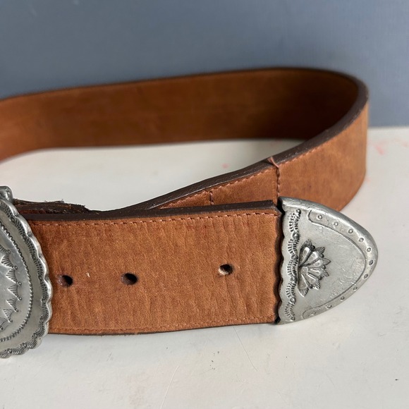 Polo Ralph Lauren Belt Women's 28 Tan Leather Western Concho Belt Silver Italy - Picture 3 of 11